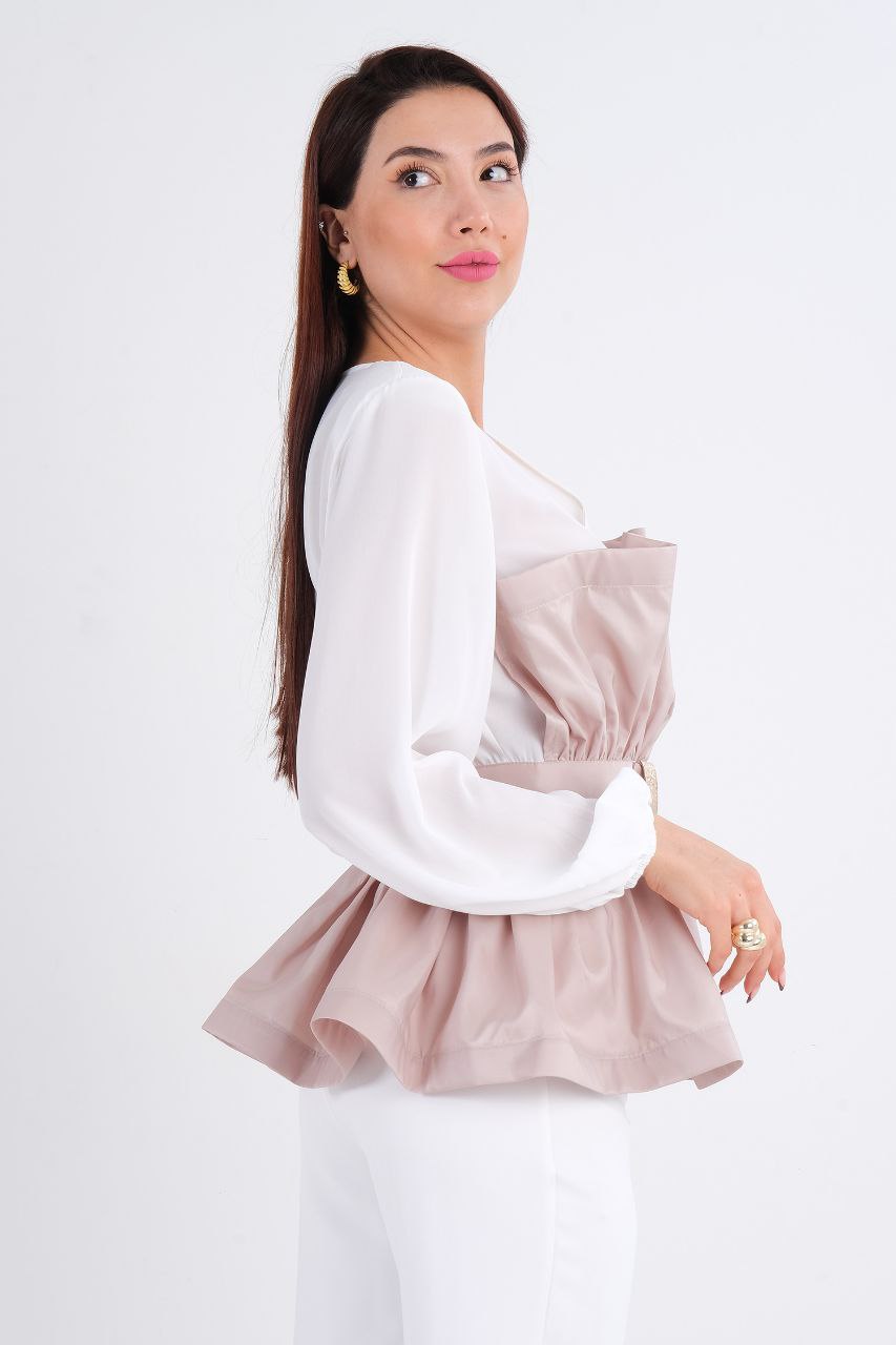 Mianotte V-Neck Peplum Blouse with Ruffled Overlay. - alternate view