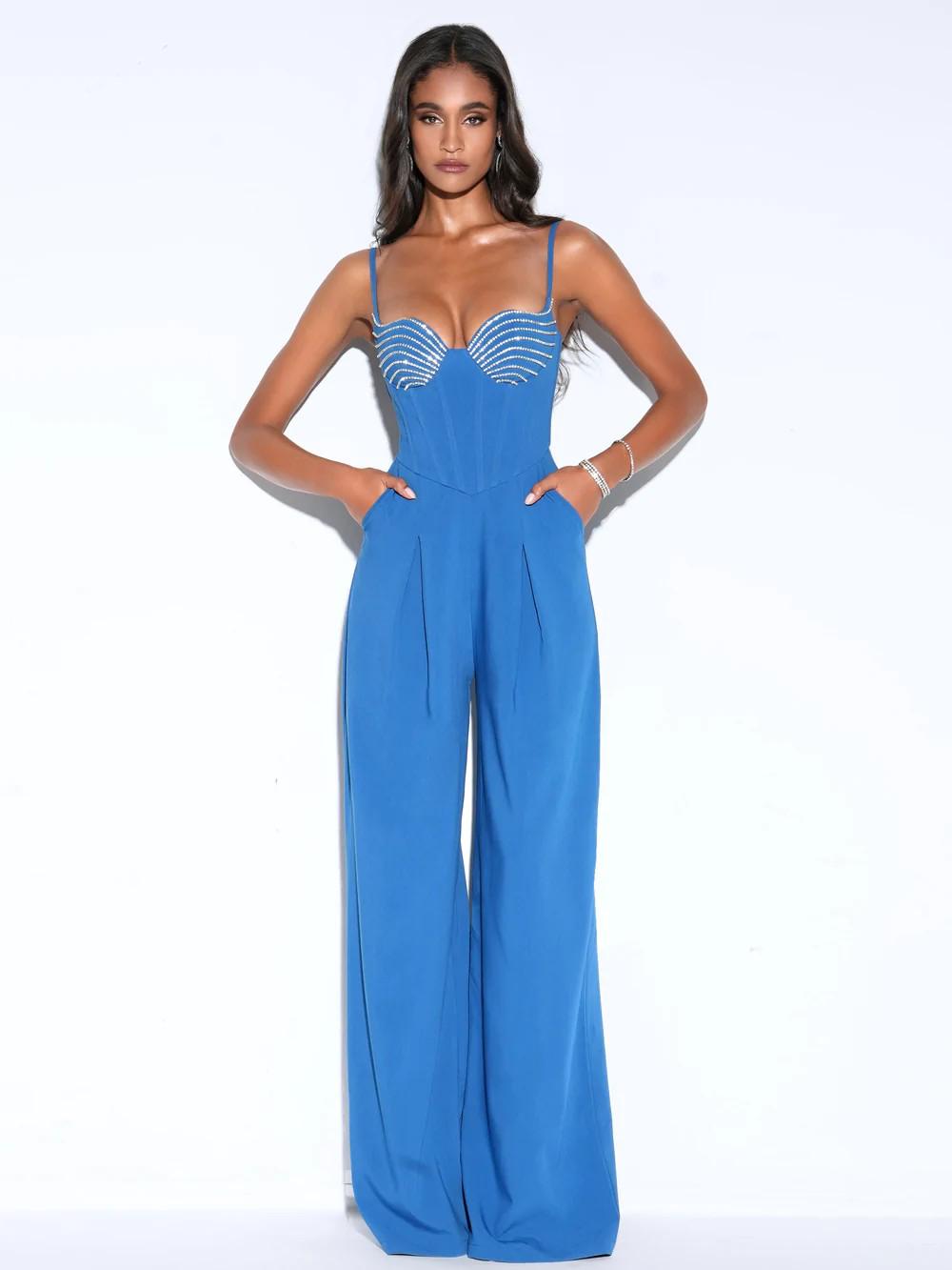 Wanessa Blue Corset Wide Leg Jumpsuit with Crystals