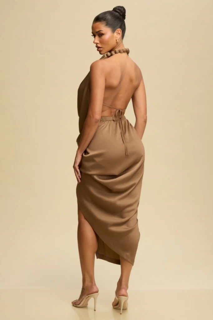 mocha-colored asymmetrical midi dress - alternate view