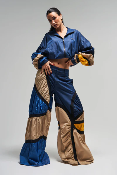 Navy parachute wide leg Jean pant set - alternate view