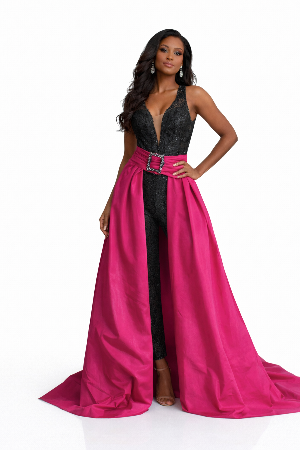 hand-beaded lace jumpsuit & removable mikado overskirt