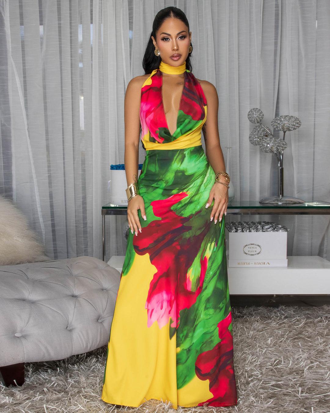 Chic bold multi-color halter maxi dress.